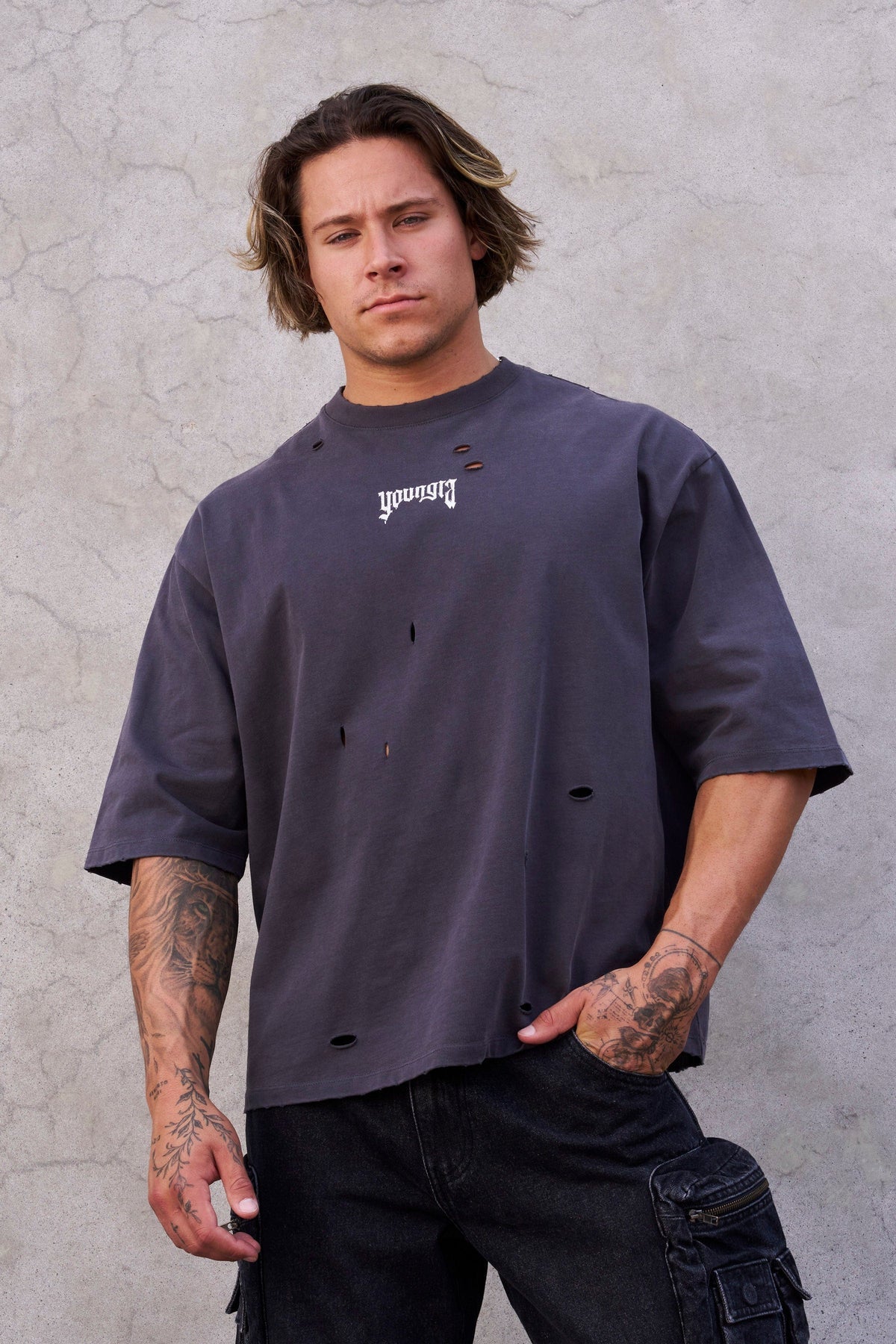 YoungLA Distressed Tees Charcoal