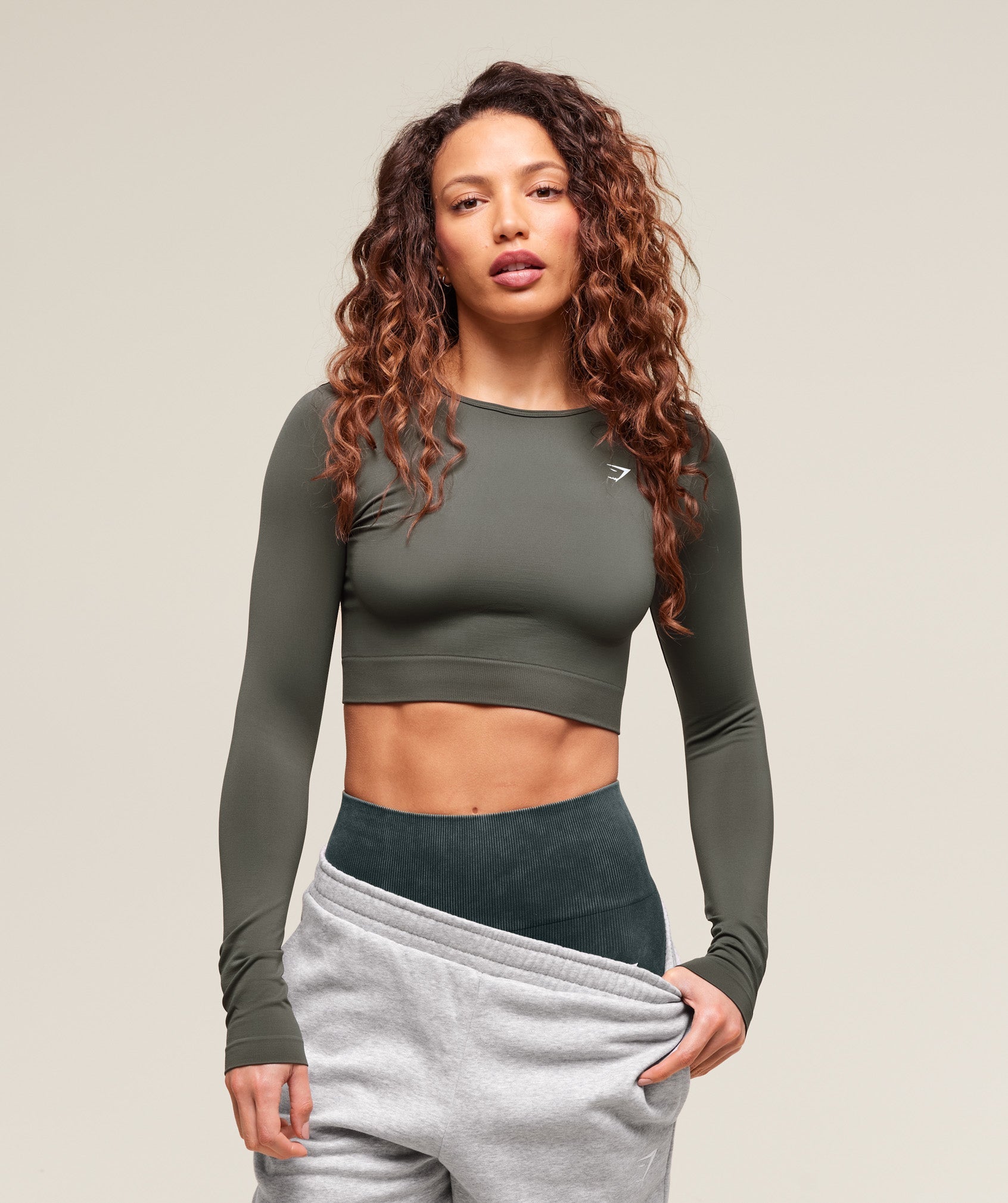 GymShark Crop Top Everyday Seamless Long Sleeve Verde