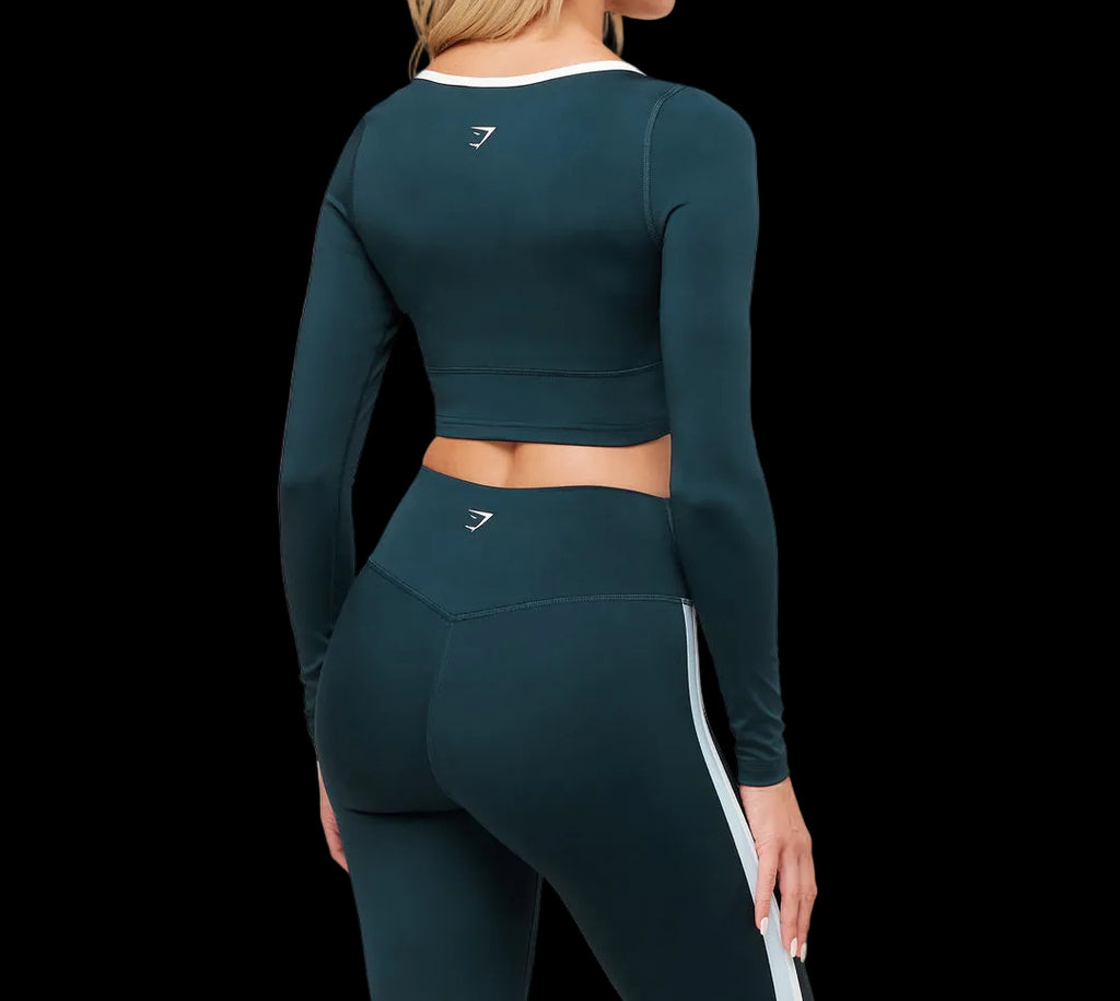 Gymshark Piping Long Sleeve Crop Top Sets Deep Petrol