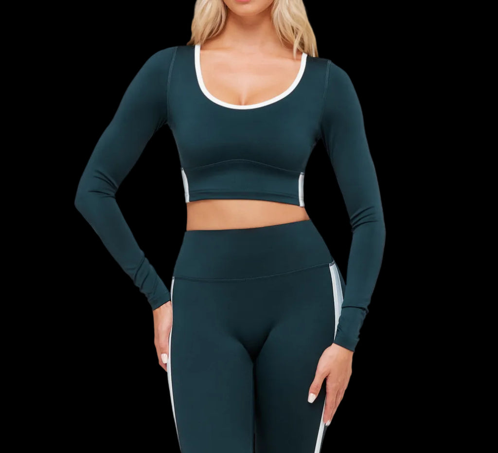 Gymshark Piping Long Sleeve Crop Top Sets Deep Petrol