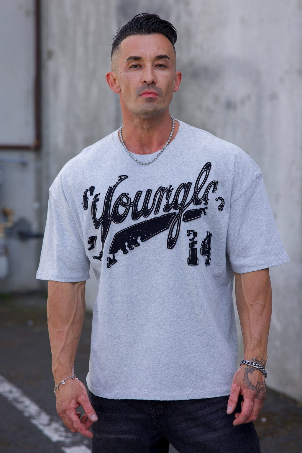 YoungLA Distressed Script Tees Gray